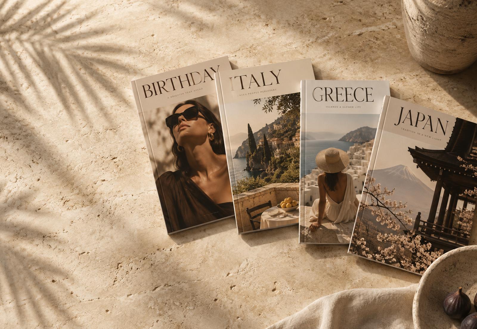 A stack of personalized soft-cover kept. magazines on warm limestone