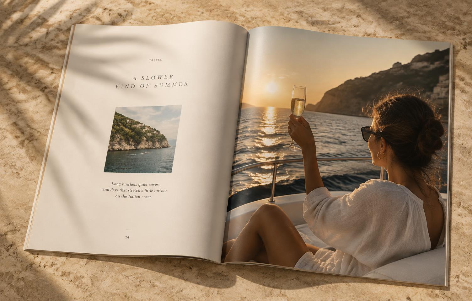 An open flexible kept. magazine with full-page travel photography